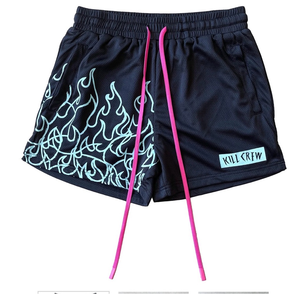 Kill Crew Women's Black Shorts with Aqua Flame and Pink Accent